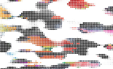 Multicolored dots create an abstract, dynamic design. Perfect for modern backgrounds.