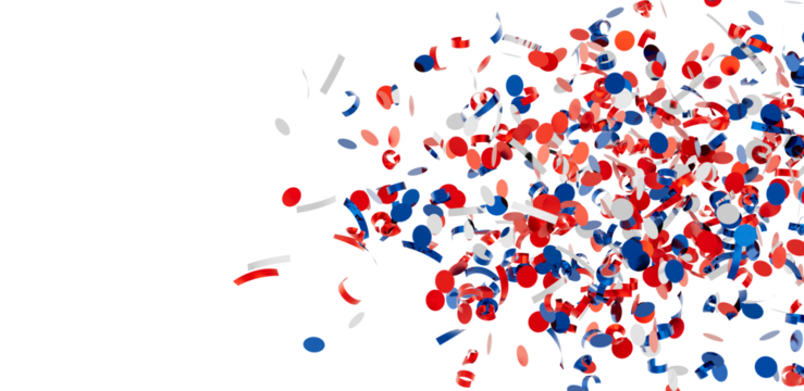 Festive background image of red, white, and blue confetti falling. Perfect for celebrations and holidays.