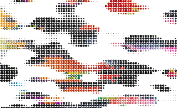 Multicolored dots create an abstract, dynamic design. Perfect for modern backgrounds.