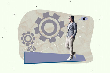 Zine banner full photo collage of happy businesswoman businessman receive promotion gearwheel...