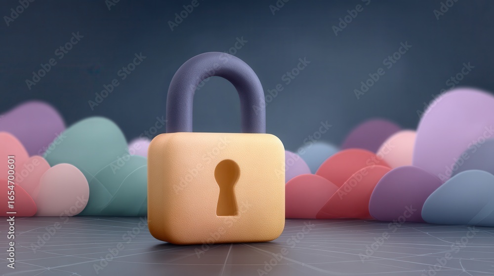 Aufkleber digital lock icon surrounded by vibrant abstract shapes and alert symbols representing security and 