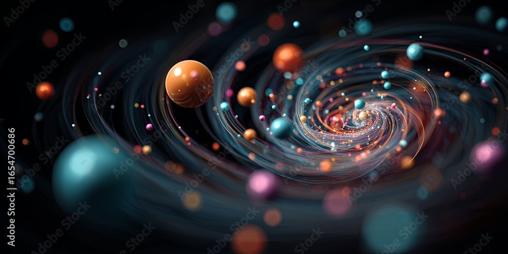 Poster colorful abstract web design with spiraling patterns and vibrant orbs on a dark background for moder