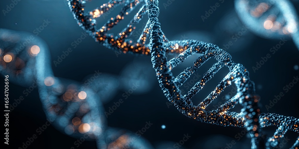 Poster abstract representation of genetic research with glowing dna strands and digital patterns over a dar