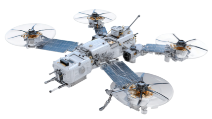 Space Debris Removal with Autonomous Drones background isolated on a Transparent background, PNG file.