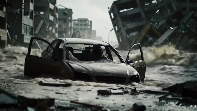 floodwaters surge through city street, submerged car amidst debris. damaged building falling. dramatic scene of natural disaster, urban destruction. crisis management, environmental awareness