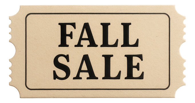 Beige ticket-shaped sticker with FALL SALE in bold lettering, inviting retail promotion offer on transparent background.