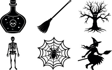 Halloween Silhouette Vector Set with Witch Spider Potion and Skeleton