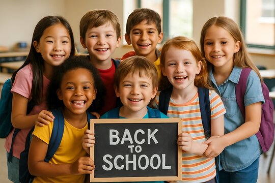 back to school, cheerful kids, school group photo, young students, smiling children, school backpacks, school classroom, school spirit