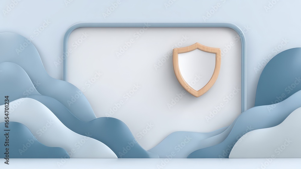 Poster digital protection badge on browser window surrounded by abstract waves for online security visuals