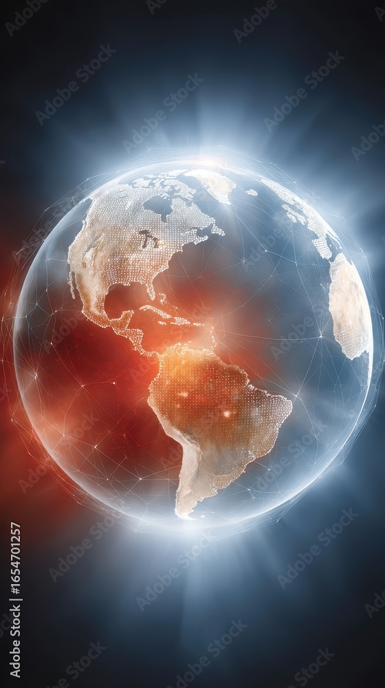 Poster digital globe secure with protection shields, surrounded by streaming light and representing global 