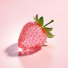 Realistic glass single strawberry in clear pink crystal with intricate seed details and realistic green leaves. 