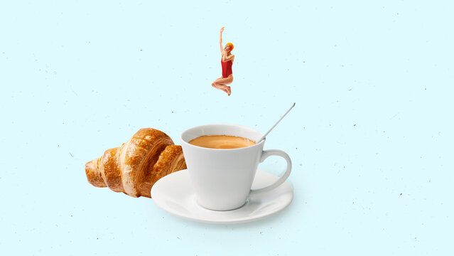 Collage of swimmer diving into coffee cup with croissant cheerful energy. Concept of food and beverage storytelling, breakfast culture branding, lifestyle wellness, art posters, and content ads.