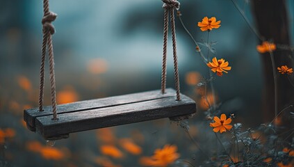 Rustic swing amidst autumn flowers
