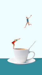 Contemporary collage. Two women divers in swimsuits jumping into coffee cup with spoon on blue...