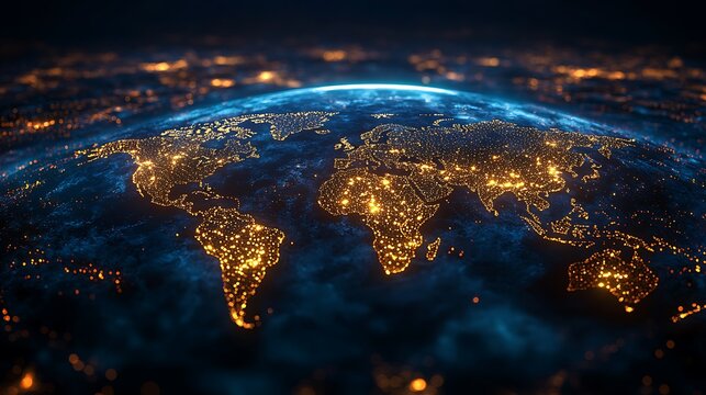 Earth at Night Global view of illuminated cities against a starry background.