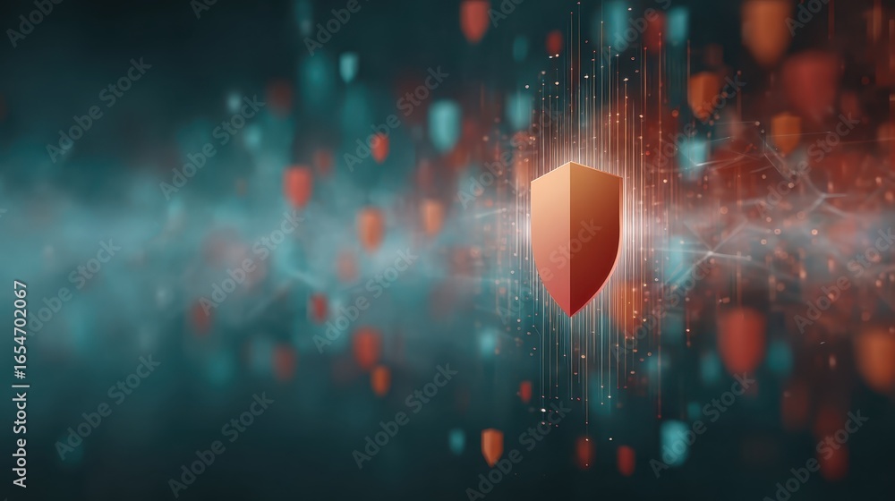 Aufkleber stylized red shield icon glowing over data stream representing cybersecurity protection and threat d
