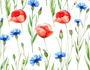 Watercolor floral pattern, poppies and cornflowers