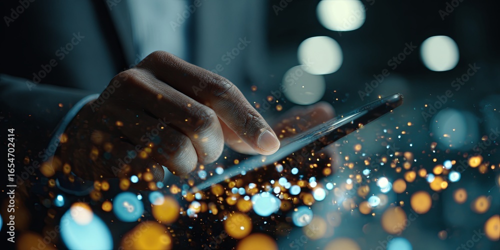 Poster business professional using smartphone for digital communication and data analysis in modern technol