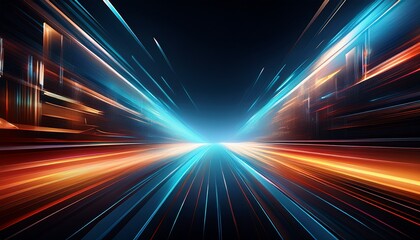 Abstract image featuring dynamic streaks of blue and orange light converging towards a central vanishing point, suggesting speed and futuristic urban environment.