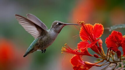 Naklejka premium Hummingbird feeding on orange flowers