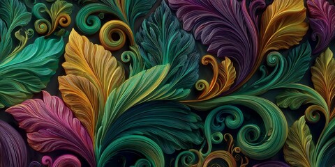Colorful Abstract Design with Floral Patterns and Spirals in Vibrant Hues on a Dark Background