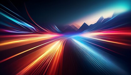 Abstract image of blurred light streaks in blue, orange, and red converging towards a distant mountain silhouette.