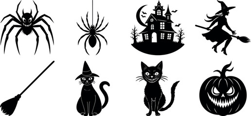 Halloween Silhouettes Spooky Spider Haunted House Witch Cats Pumpkin and Broom