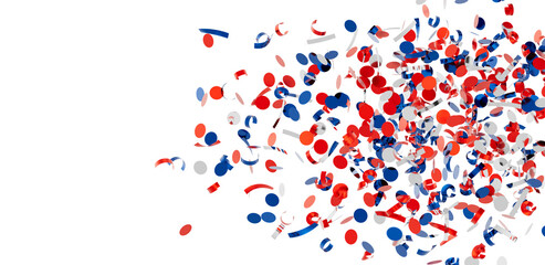 Festive confetti explosion of red, white, and blue circles and ribbons. Perfect for patriotic holidays or celebratory designs.