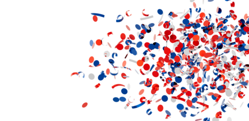 Festive confetti explosion of red, white, and blue circles and ribbons. Perfect for patriotic holidays or celebratory designs.