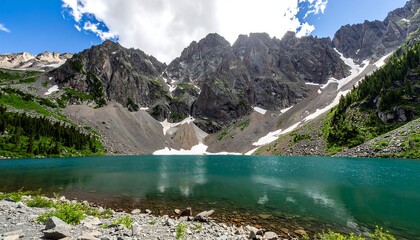 A serene alpine lake nestled amidst dramatic, rocky mountains under a partly cloudy sky.