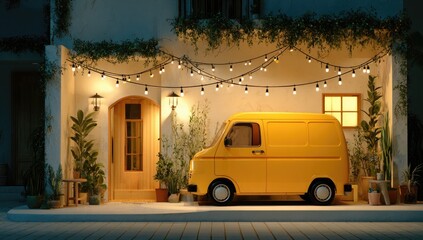 Charming night scene with a yellow van