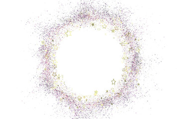 Sparkling gold and purple glitter stars forming a circular frame on white. Perfect for festive designs.