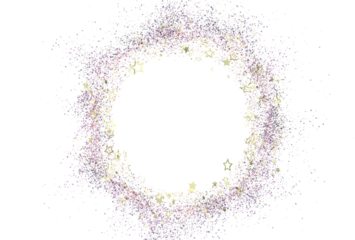 Sparkling gold and purple glitter stars forming a circular frame on white. Perfect for festive designs.