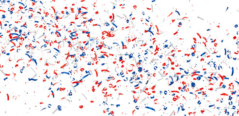 Festive confetti background with red, white, and blue ribbons. Perfect for celebrations and holidays.