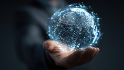 A hand holds a glowing, digital representation of Earth