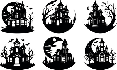 Spooky Haunted House Silhouettes Collection for Halloween Decoration and Laser Cutting
