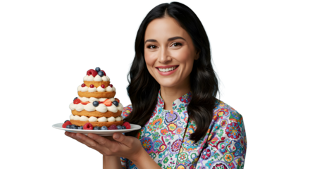 Smiling woman showing birthday cake with fruits and sweets.