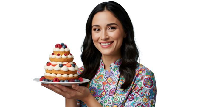 Smiling woman showing birthday cake with fruits and sweets.