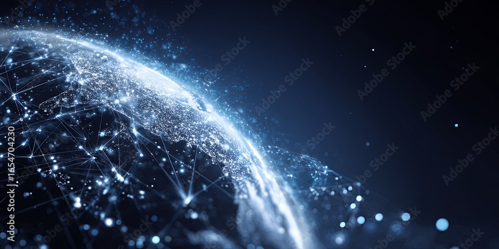Poster abstract digital universe background with glowing globe and data connections representing global net
