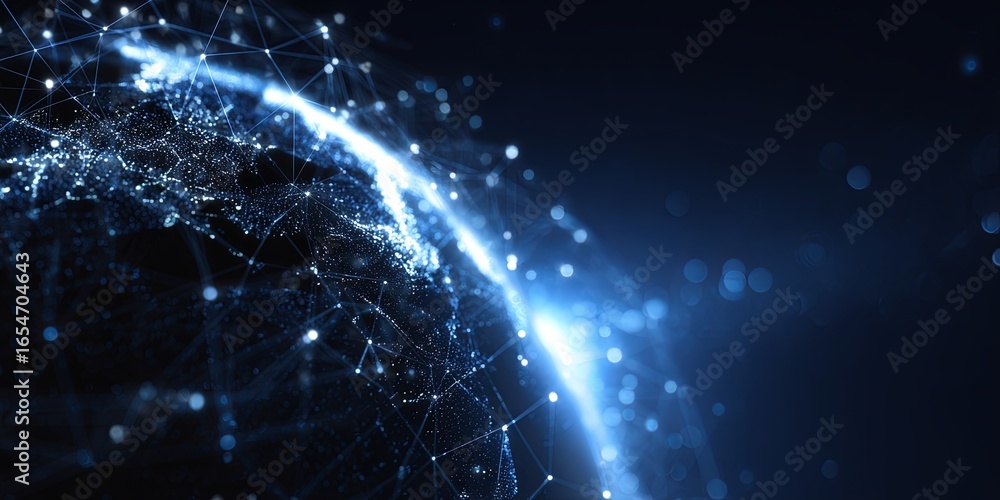 Poster abstract digital universe background with glowing globe and data connections representing global net