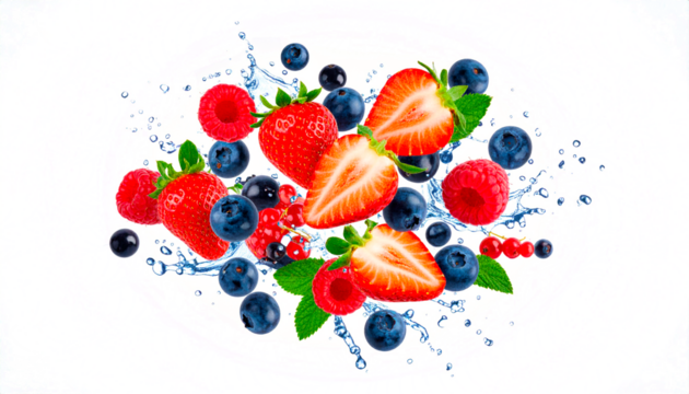 explosión dinámica de frutos rojos frescos (fresas, frambuesas, arándanos, grosellas) suspendidos en el aire, capturados en el momento exacto de la explosión. PNG