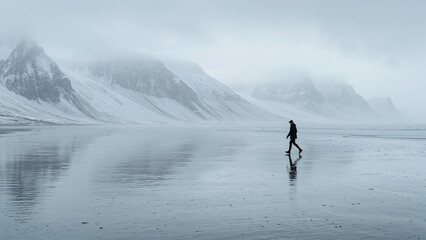 Lonely Figure Walking Along A Misty Beach Landscape