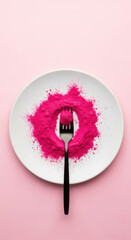 A black fork piercing a pile of vibrant pink powder on a white plate isolated on transparent background