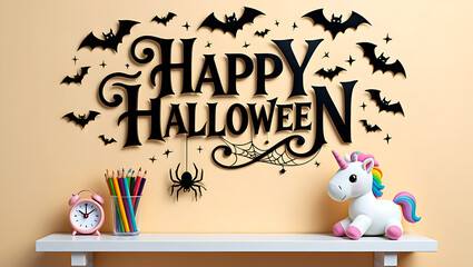 Black Halloween bats and text with unicorn and clock