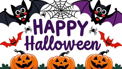 Obraz premium Cartoon bats spiders and pumpkins happy halloween text