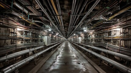 Obraz premium Industrial underground tunnel with machinery and piping