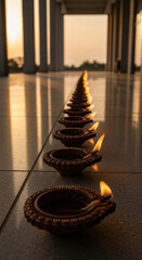 Row of lit clay diyas or oil lamps casting a warm glow in a long corridor at sunset isolated on transparent background