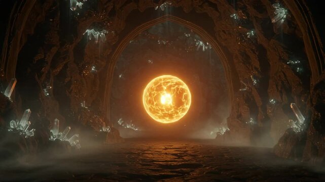 Glowing sun illuminating dark cavern with mystical elements  
