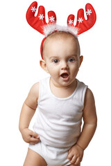 Surprised Baby in Reindeer Antlers Headband