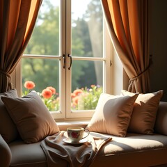 Cozy morning tea by open window with sunlight and garden view, warm peaceful atmosphere